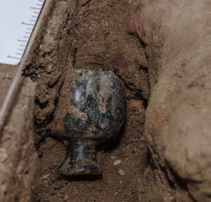 A complete glass jar in situ found during the Church Tower excavations