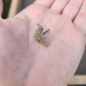 The new martlet tack found in a posthole during the 1607 Burial Ground excavations.