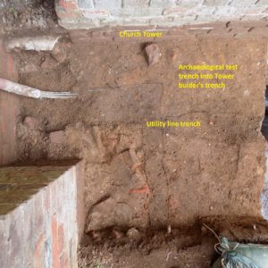 Aerial view of excavated features within brick church tower