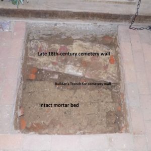 The discovery of the cemetery wall, its builder's trench and intact mortar for the bricks that once made up the church floor.