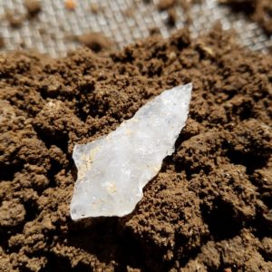 Projectile point laying on soil in a screen