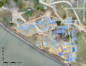A map of excavations showing the 1608 fort extension to the east in light yellow. Both the northern and southern sections begin where the eastern palisade wall meets the curves of the existing bulwarks. They are then connected by a new north/south wall also visible on the map.