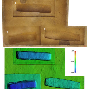An orthomosaic and digital elevation model (DEM) of the three burials excavated at the 1607 burial ground.