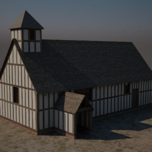 Modeled church exterior showing detailed framing