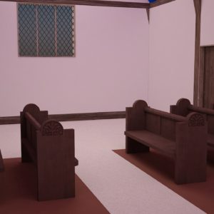 Modeled church interior with pews