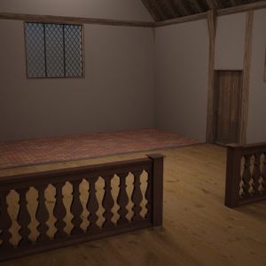 Modeled church interior with pews and detailed floor texture