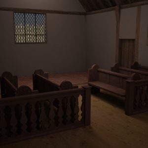 Modeled church interior with pews and detailed texture