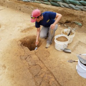 Archaeologist pointing to a line of postholes