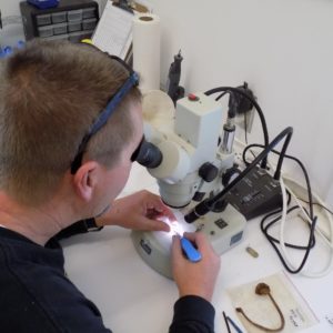 Conservator looking at a coin through a microscope