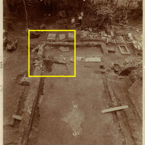 Historic photograph of church excavations with notated corner