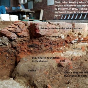 Notated features under brick church floor