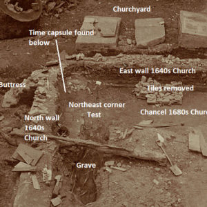 Historical photograph of church excavations with notated features