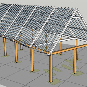 digital model of a wooden building frame with a steeply-pitched roof