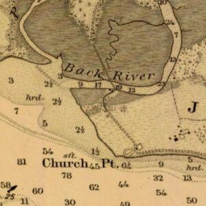 An 1882 map showing a road passing just west of the Church Tower (represented by a square just northeast of the "Church Pt." label). https://www.historicalcharts.noaa.gov/image.php?filename=CP1683C