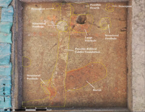 A diagram of the possible early building found in westmost excavation square in front of the Archaearium