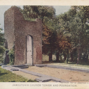 Postcard of church tower and excavated foundations