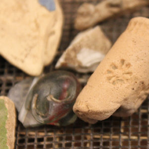 pipe stem fragment and assortment of other artifacts in a screen