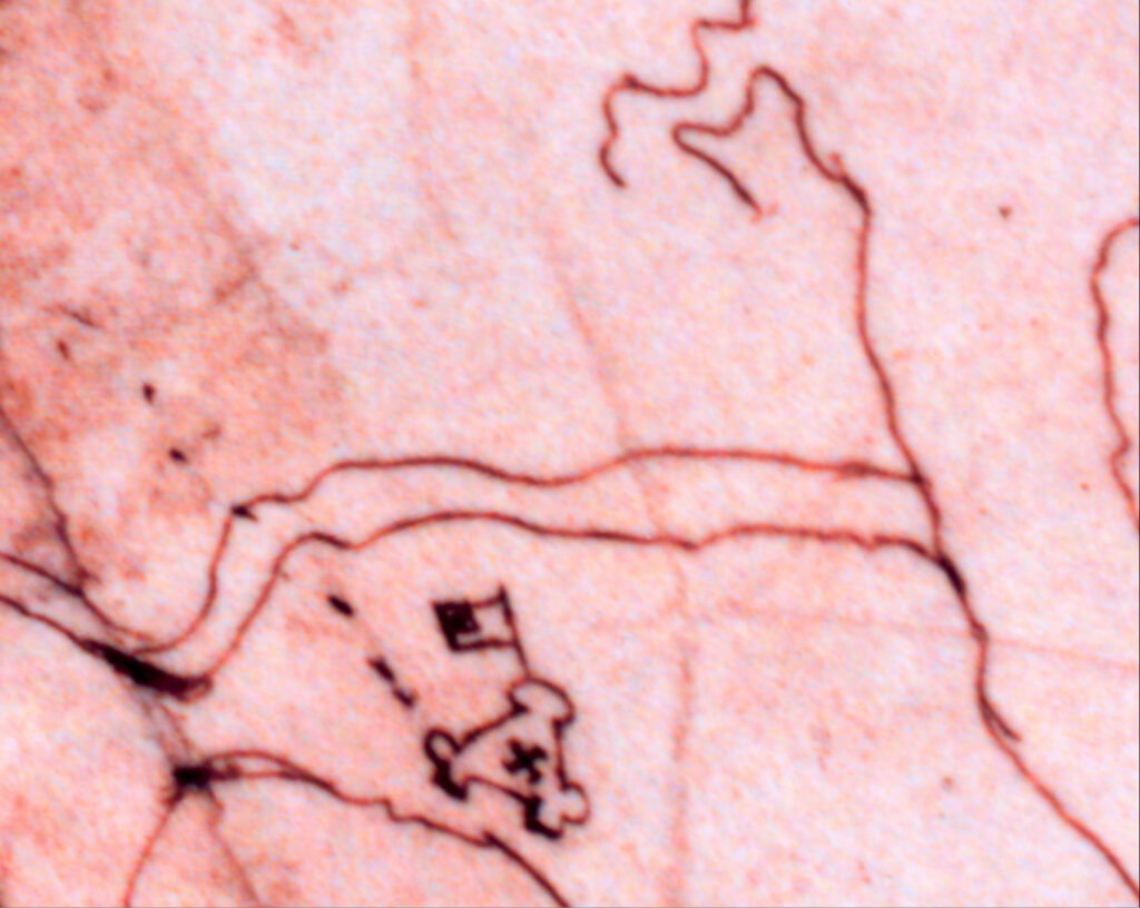 A close-up of a map drawn in 1607, showing the James River and the associated Indigenous villages and James Fort