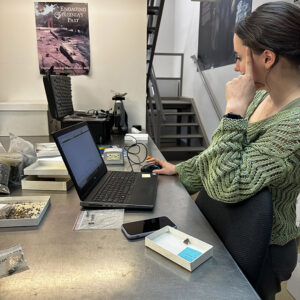 Amanda conducting pXRF testing on an olive jar fragment.