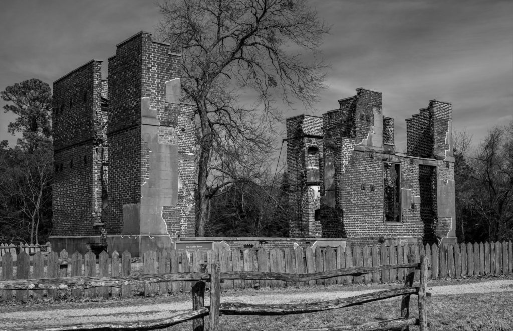 The ruins of Ambler Mansion in black and white. 
