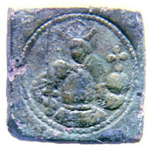 Square coin weight with stamped image of coin obverse