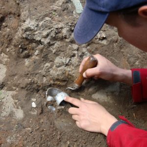 Archaeologist using a pick to excavate a round glass vessel