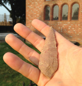 hand holding a quartzite projectile point