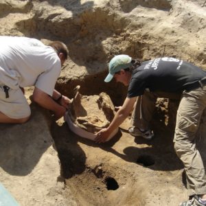 Two archaeologists lift a corroded backplate from the soil with a supporting tray
