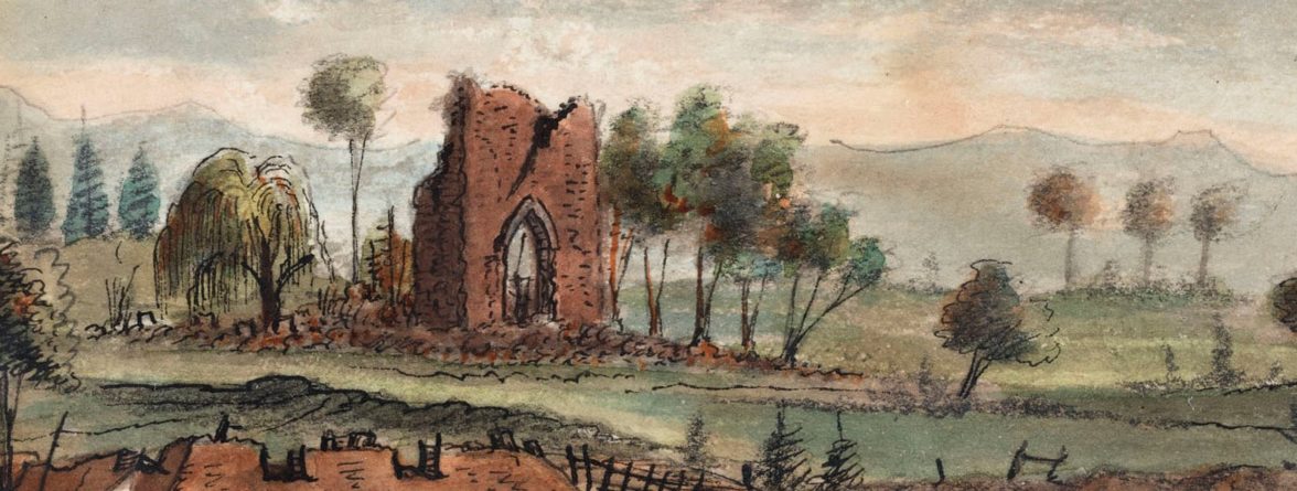 A cropped version of a painting of Jamestown in the Civil War. The crumbling church tower stands in the middle. In front of it are earthworks.