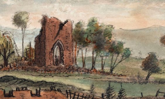 A cropped version of a painting of Jamestown in the Civil War. The crumbling church tower stands in the middle. In front of it are earthworks.