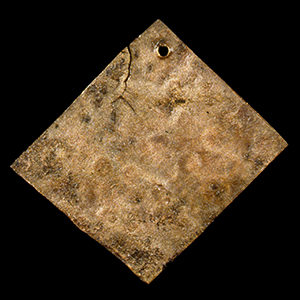 square cut copper piece with a pierced hole in one corner