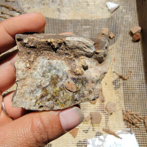 A fragment of a crucible found in the excavations south of the Archaearium. Glass is still attached to the fragment.