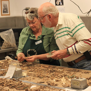 Man and woman examine an animal bone in front of a table covered with additional animal bones