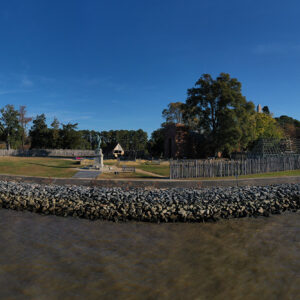 A drone shot of James Fort from the James River