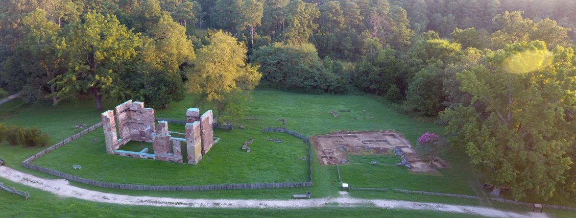 Aerial view of brick ruins and excavation units