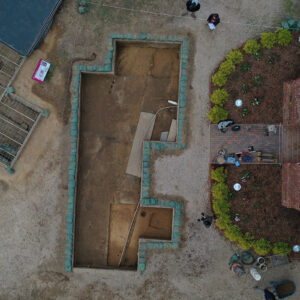 A drone shot of the excavations just outside the Church Tower
