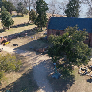 A drone overview of the excavations at "Pocahontas Plaza". The white spraypainted rectangle highlights future excavations.