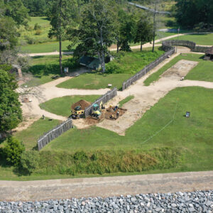 A drone shot of the team removing backfill from the 2000s dig in preparation for burial excavations.