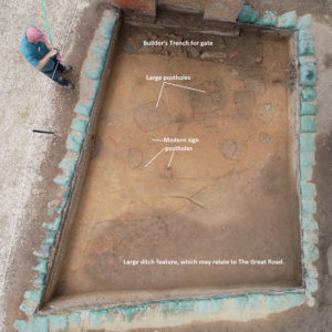 Notated map of features in excavation unit in front of entrance gate