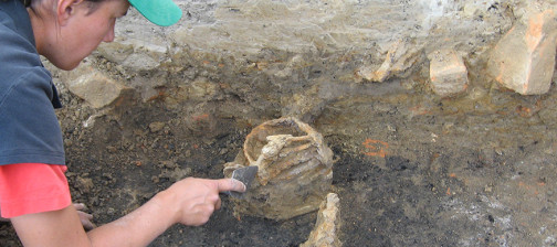 Archaeologist excavating a sword basket hilt