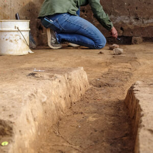 Senior Staff Archaeologist Mary Anna Hartley excavates the palisade wall that cuts through two of the burials. She has scored the post mold of each log to make them easier to see.
