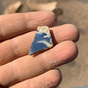 hand holding a blue-and-white porcelain sherd