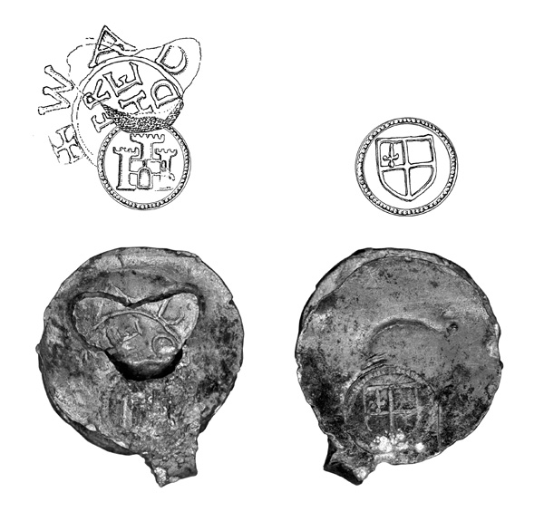 Black and white image of two cloth seals below sketches of stamps appearing on them