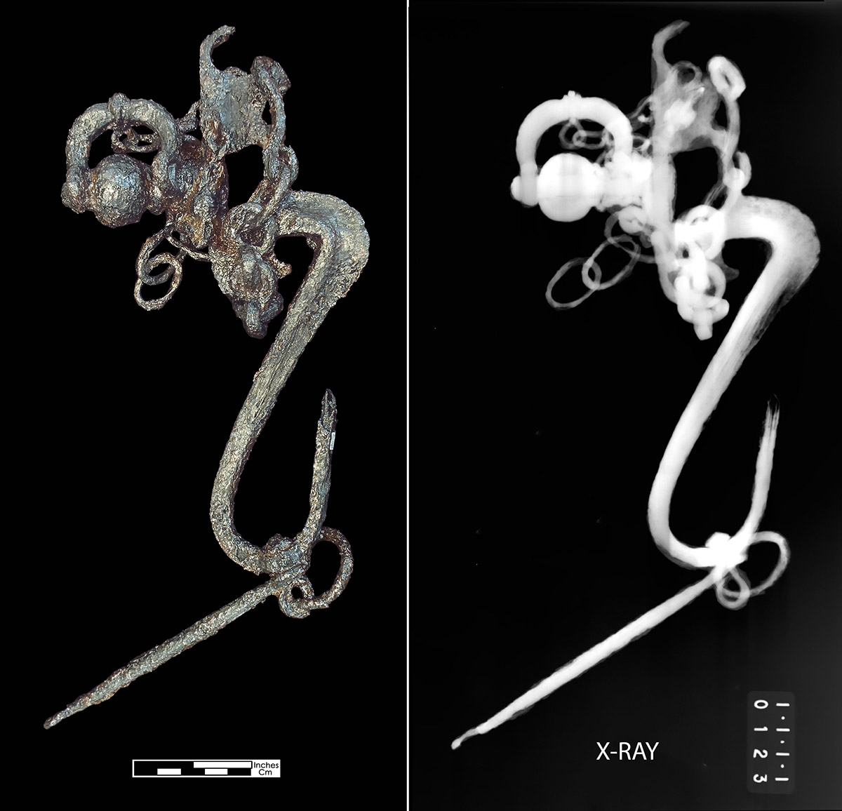 An X-ray of the horse bit taken at the Maryland Archaeological Conservation (MAC) lab. Denser metal appears brighter in the X-ray image.