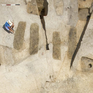 Aerial view of four excavated grave shafts