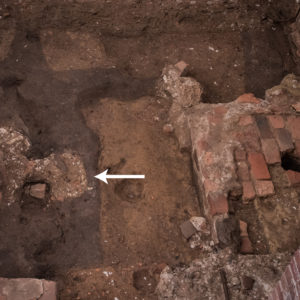 Arrow pointing to a feature within an excavation unit
