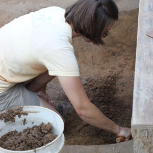 A student using a trowel to excavate the side of a unit