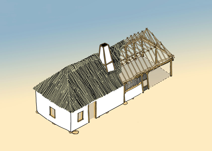 cutaway illustration of a rectangular mud-and-stud building