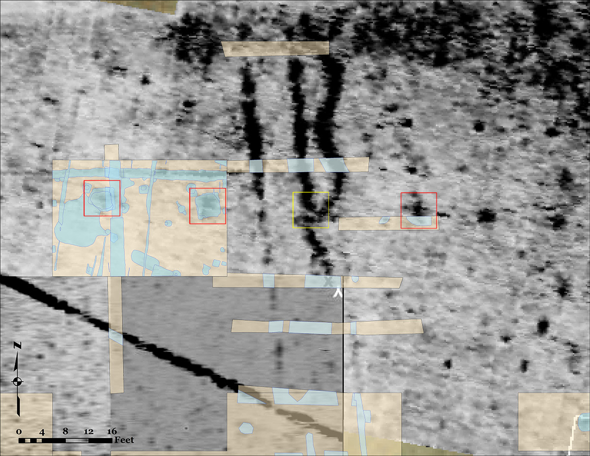 3 subfloor pits found in the north field outlined in red. A fourth pit should be found where the yellow square is, should the pattern hold true. The two western (west is to the left in this image) pits also have an ash/charcoal feature just to the east of them and a single posthole just to the west. This image is a composite of GPR data (black/white/gray background) and locations of shovel-in-ground excavations (tan). Features are colored in light blue.