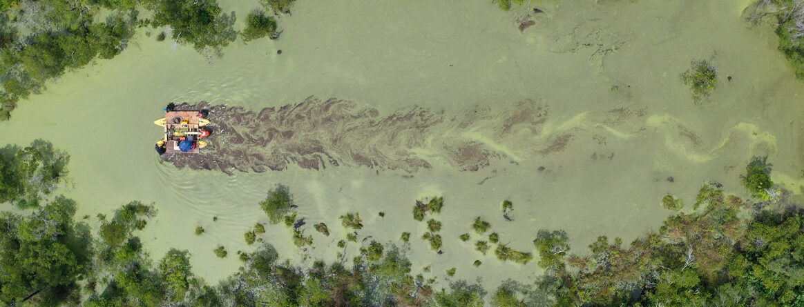 A birds-eye view of the survey float in the green, mucky swamp. The green water swirls behind the kayaks as they're pushed through the water